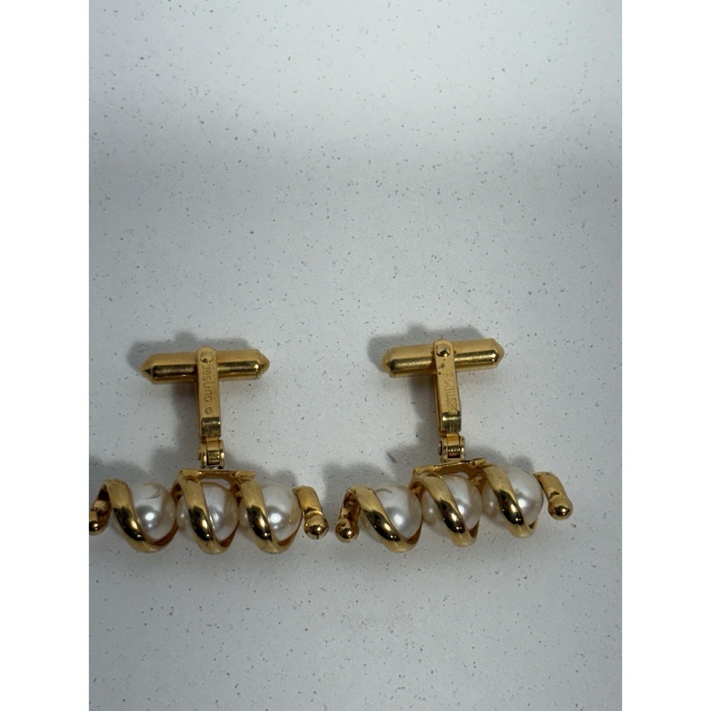Destino Signed Toggle Cufflinks w/ 3 CAGED PEARLS in Spiral Cuff Links Gold Tone